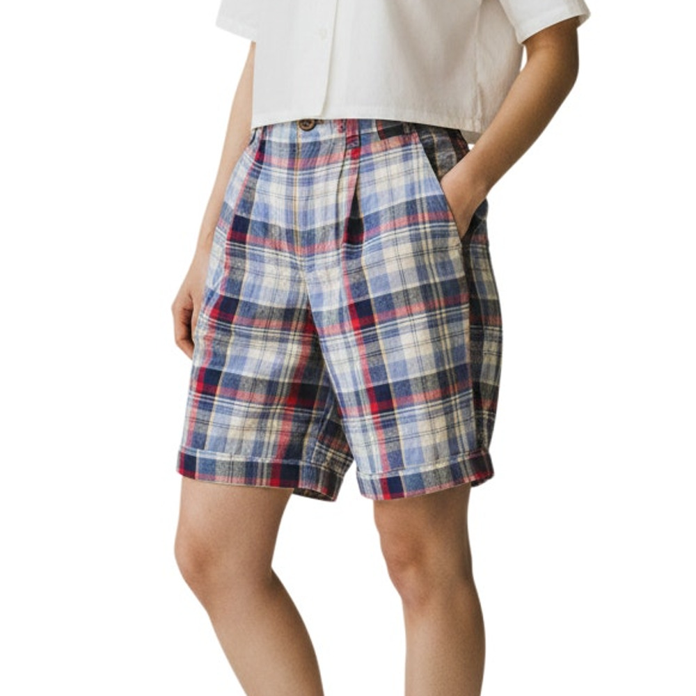 Roo Crossing Vintage 90s Blue Madras Plaid Linen Cotton High Waist Shorts NWT